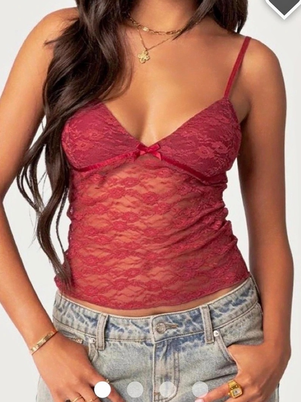 Edikted Eira Sheer Lace Tank Top Red Medium